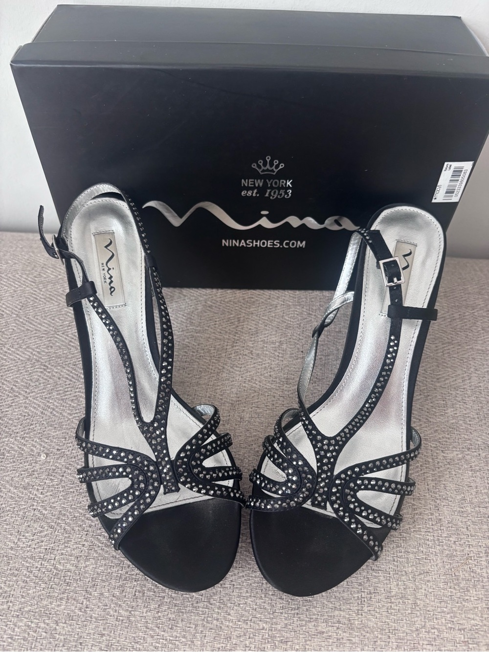 Nina Black Embellished Strappy Sandals - Size 9.5 - 2 inch heel